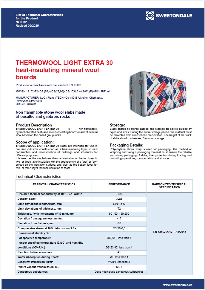 List of Technical Characteristics for the Product THERMOWOOL LIGHT EXTRA 30