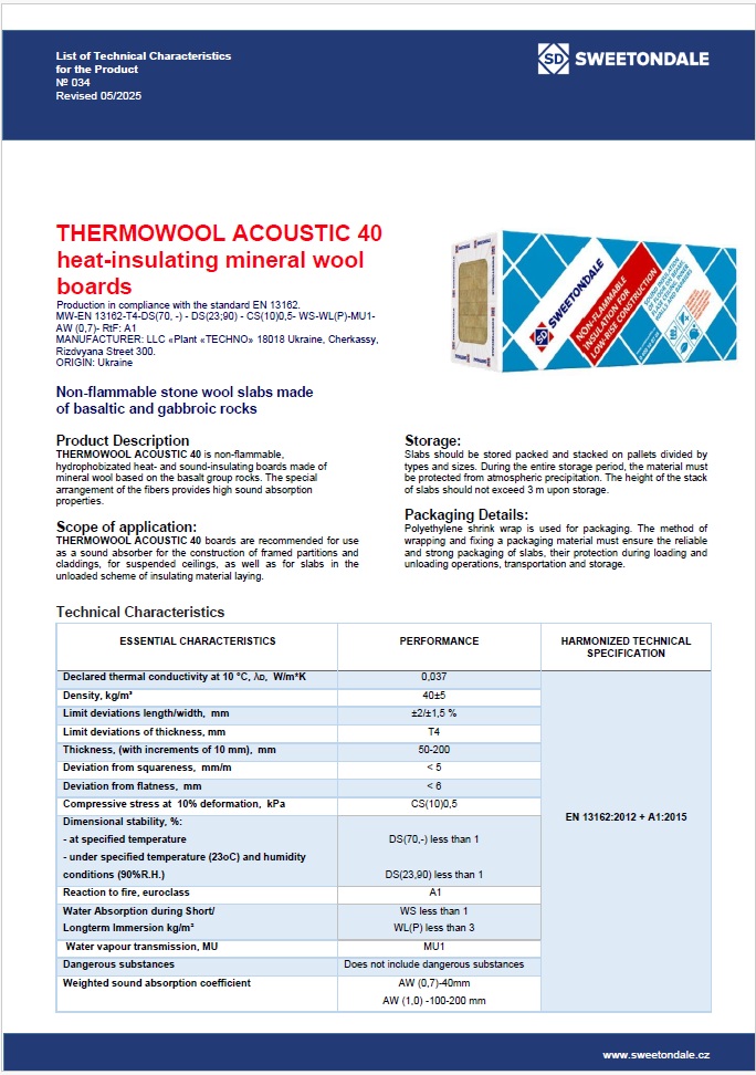 List of Technical Characteristics for the Product THERMOWOOL ACOUSTIC 40