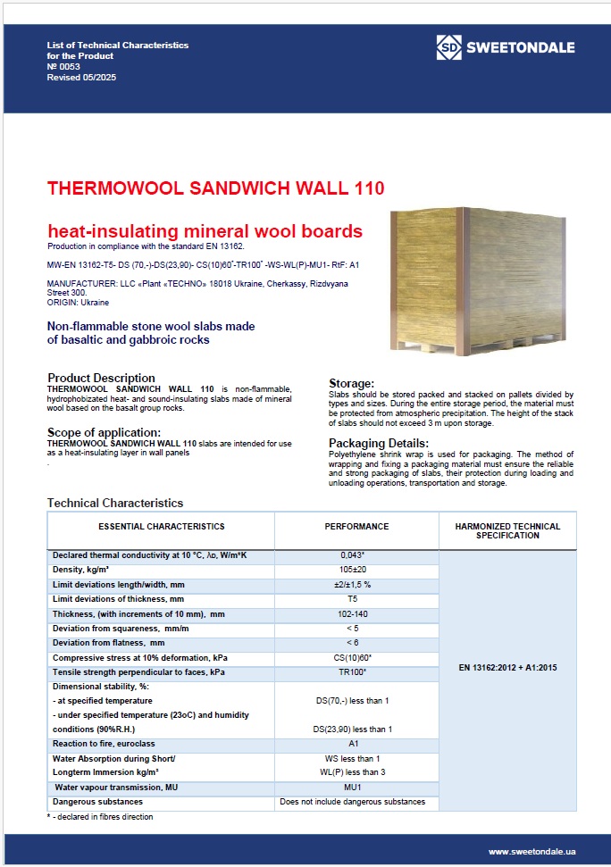 List of Technical Characteristics for the Product THERMOWOOL SANDWICH WALL 110