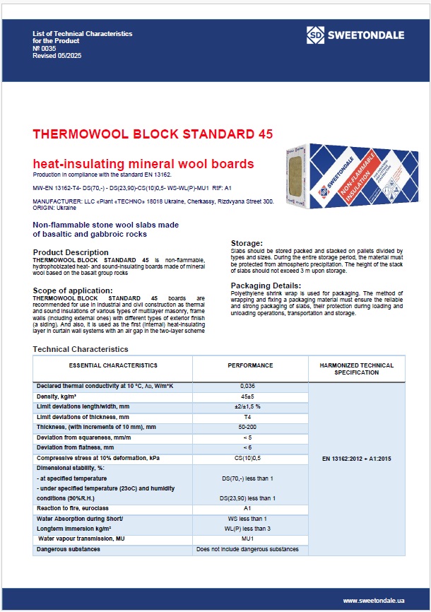 List of Technical Characteristics for the Product THERMOWOOL ROOF V OPTIMA 180